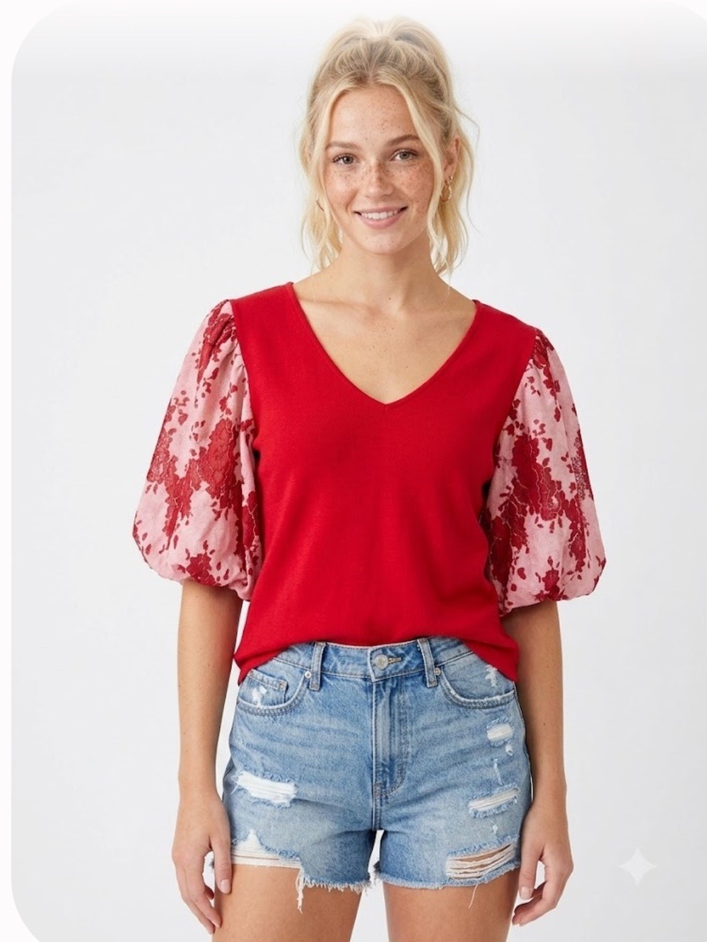 Anthropologie Dolan Left Coast Floral Puff Sleeve Top in Red and Pink - Size XL